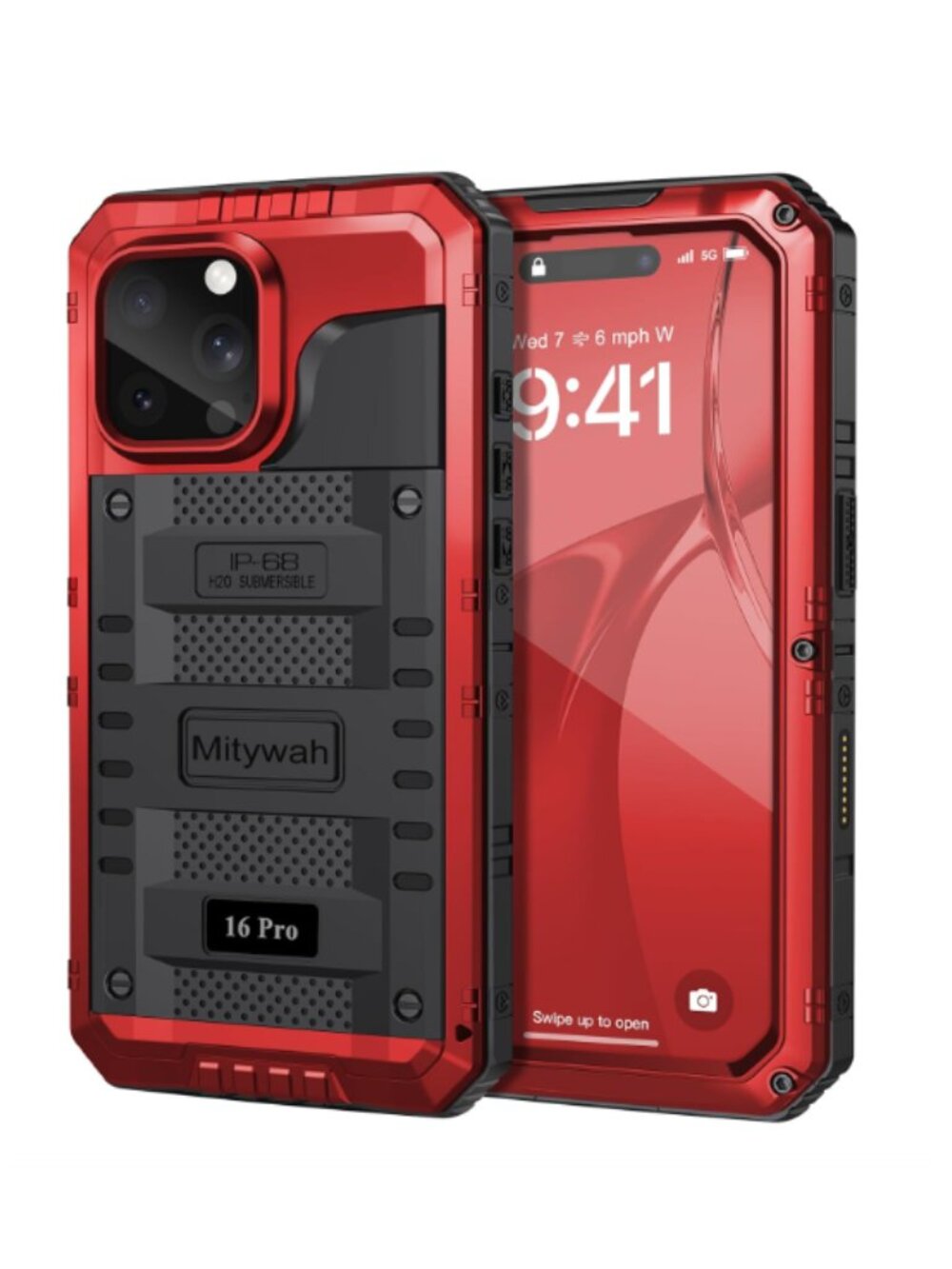 Waterproof Case for iPhone 16 Pro Metal Frame Built in Screen Protector Red